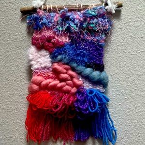 Hand Crafted Woven Wall Hanging. Height 20.5 in. Width 12 in. “Spring Rainbows”